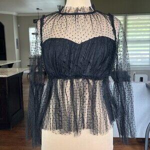 NWT Strut & Bolt Sheer Polka Dot Mesh Blouse Black Ruffle Gothic Romantic Size S